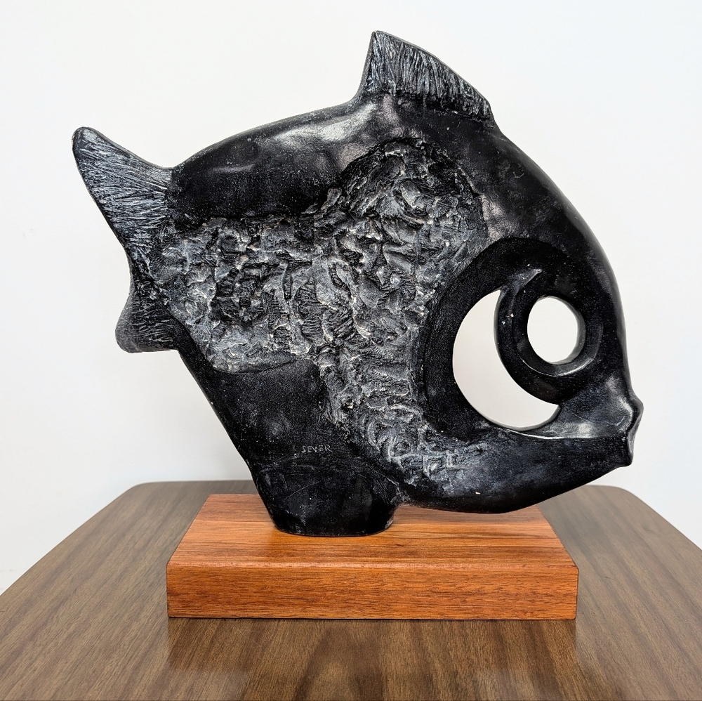 Vintage 1970 Austin Productions "The Fish" Sculpture by Klara Sever Black Brown